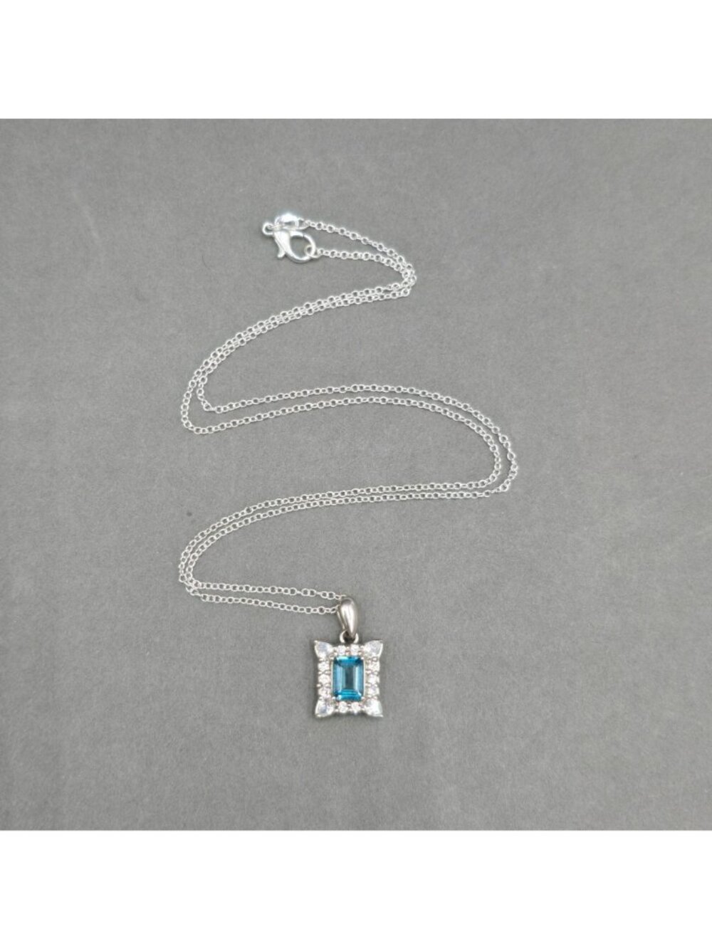 Edwardian Revival Sterling Silver Blue Topaz Pendant Necklace Emerald Cut 925 - Picture 10 of 15